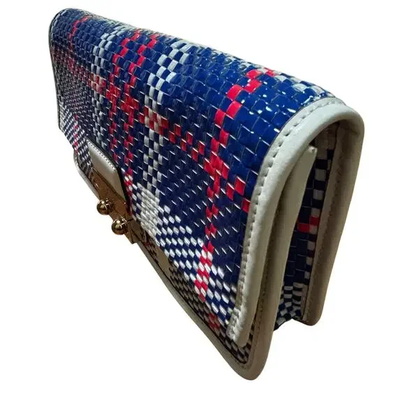 Kate spade clutch purse with dustbag blue white pink woven plaid front flap chic
